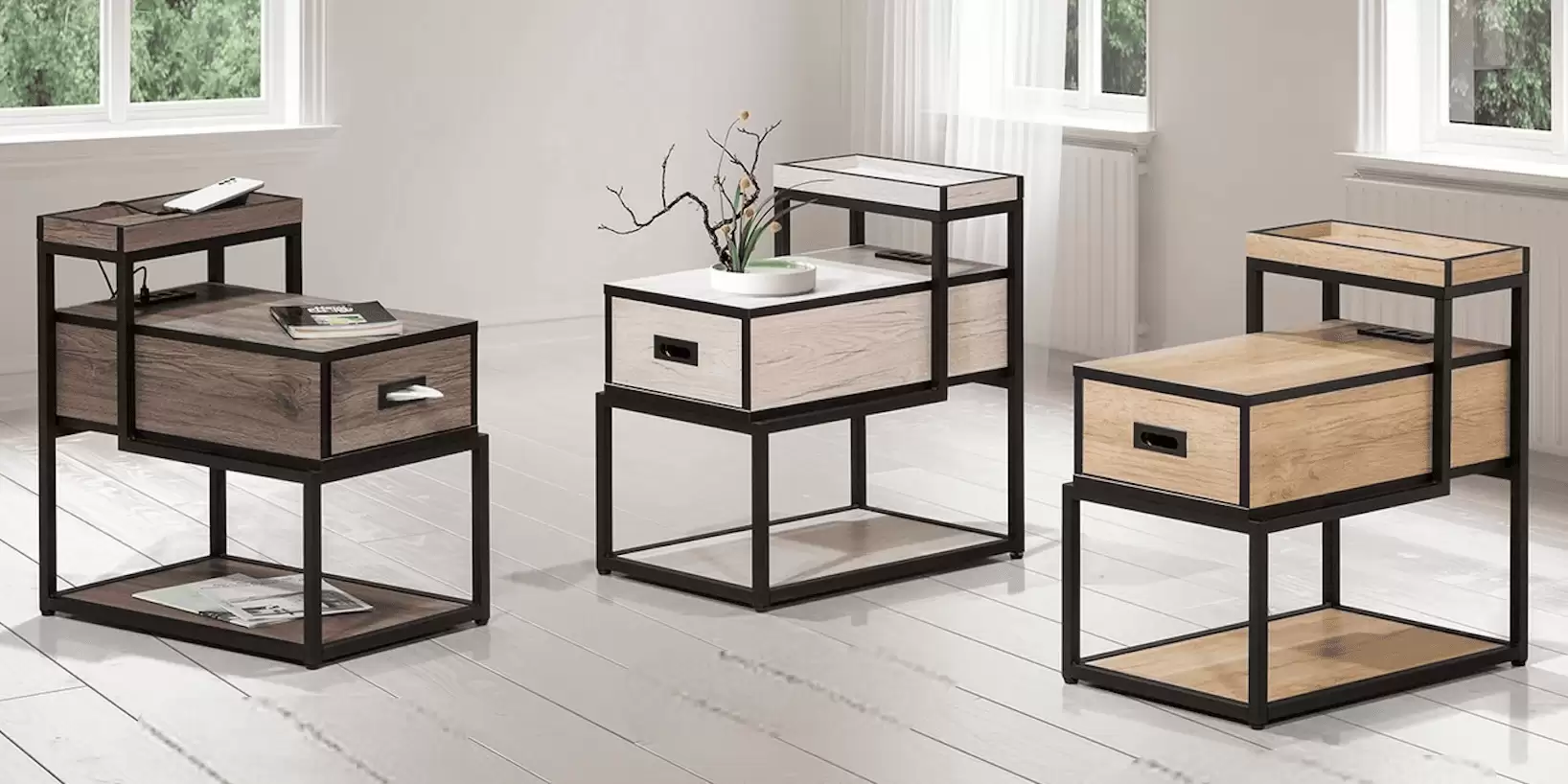 三層充電式邊櫃(附1抽屜)