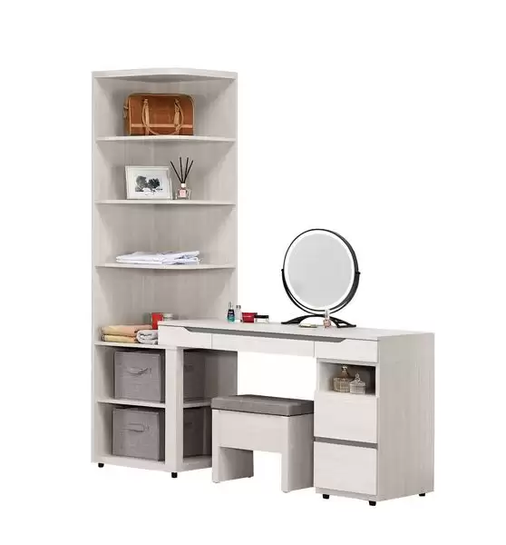 羅恩4尺L型組合化妝台含椅+開放置物櫃